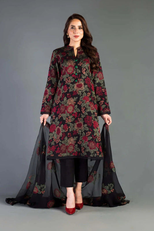 BR 345-3 Piece Unstitched Heavy Embroidered Pure Lawn Suit With Heavy Embroidered Bamber Chiffon Dupatta