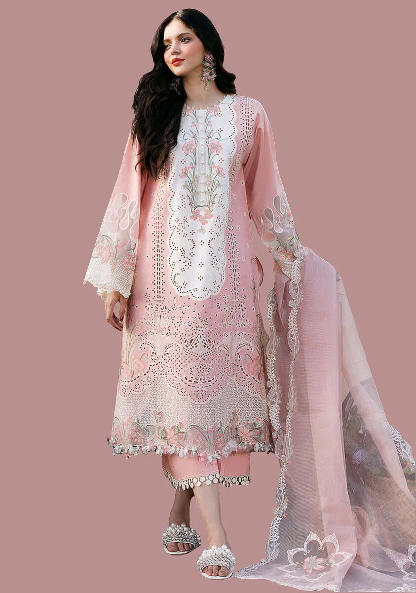 BL 2585-3 Piece Unstitched Heavy Embroidered Chickan Kari Pure Lawn Suit with Heavy Embroidered Organza Dupatta