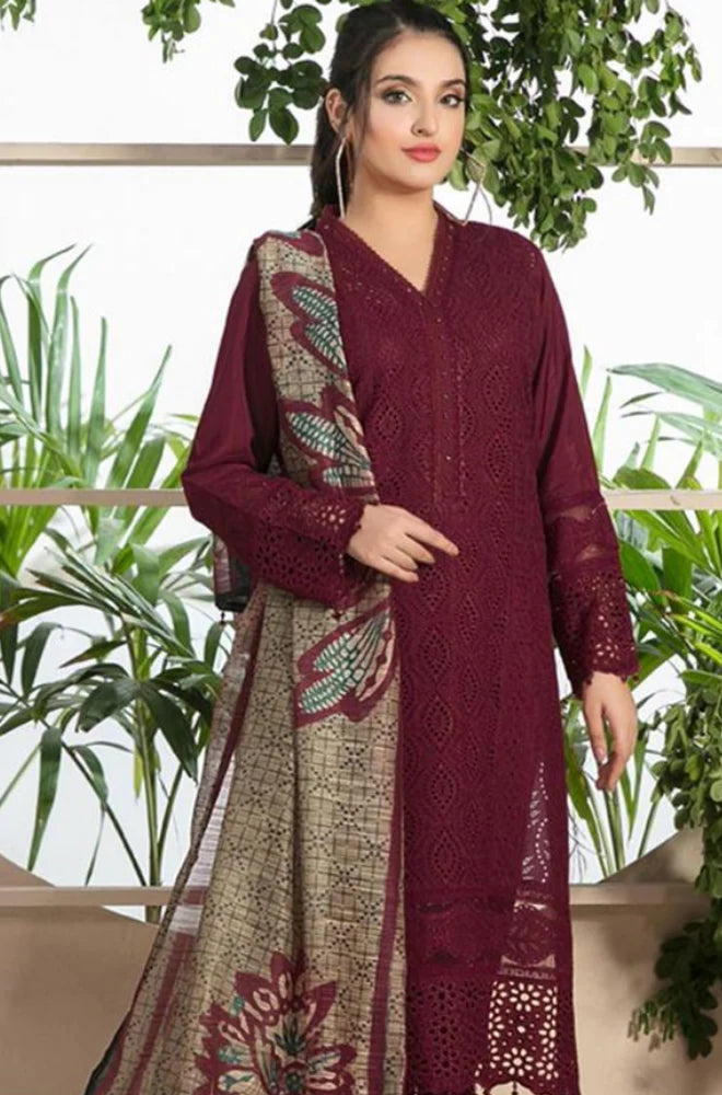 CR 806-3 Piece Unstitched Chickan Kari Heavy Embroidered Pure Lawn Suit with Printed Monaar Dupatta