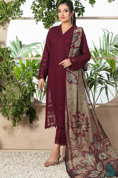 CR 806-3 Piece Unstitched Chickan Kari Heavy Embroidered Pure Lawn Suit with Printed Monaar Dupatta