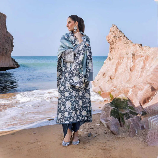 3 Piece Unstitched Embroidered Neckline Pure Lawn Suit with Printed Lawn Dupatta