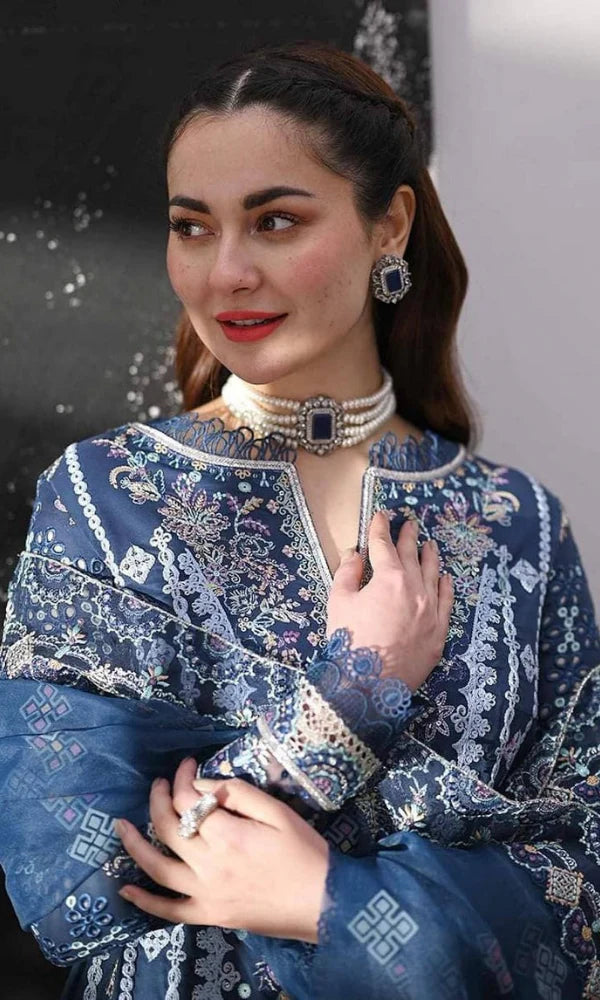 SP 2545-3 Piece Unstitched Heavy Embroidered Pure Lawn Suit with Four Sided Embroidered Organza Dupatta