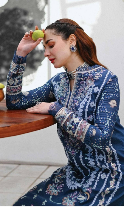 SP 2545-3 Piece Unstitched Heavy Embroidered Pure Lawn Suit with Four Sided Embroidered Organza Dupatta