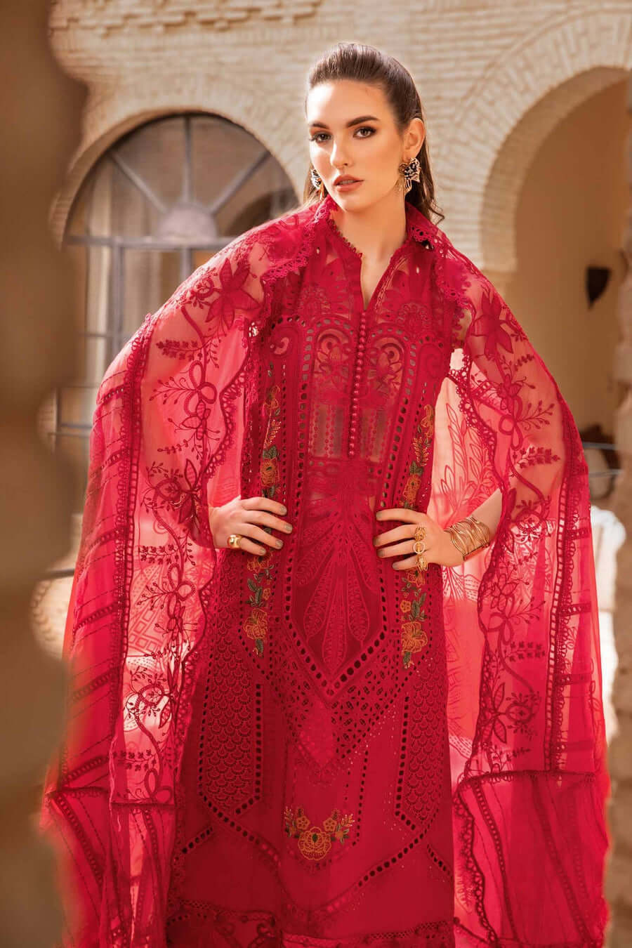 MB 2590R-3 Piece Unstitched Heavy Embroidered Chickan Kari Pure Lawn Suit with Four-Sided Embroidered Organza Dupatta