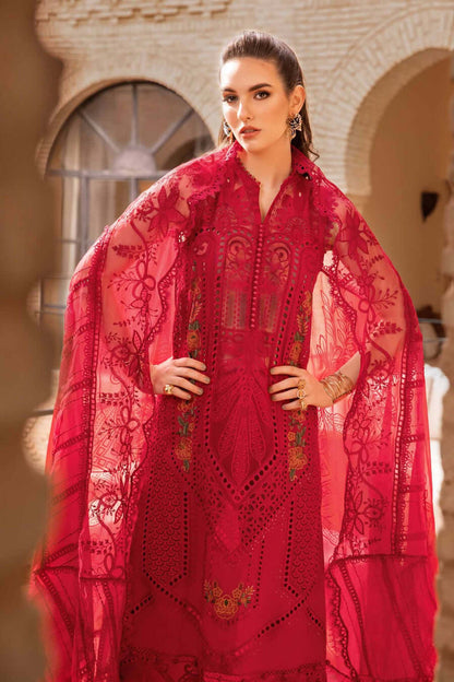 MB 2590R-3 Piece Unstitched Heavy Embroidered Chickan Kari Pure Lawn Suit with Four-Sided Embroidered Organza Dupatta