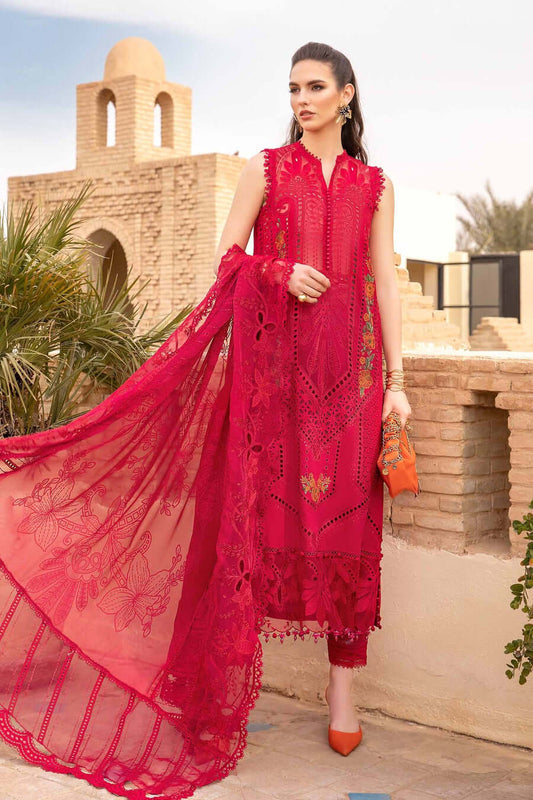 MB 2590R-3 Piece Unstitched Heavy Embroidered Chickan Kari Pure Lawn Suit with Four-Sided Embroidered Organza Dupatta