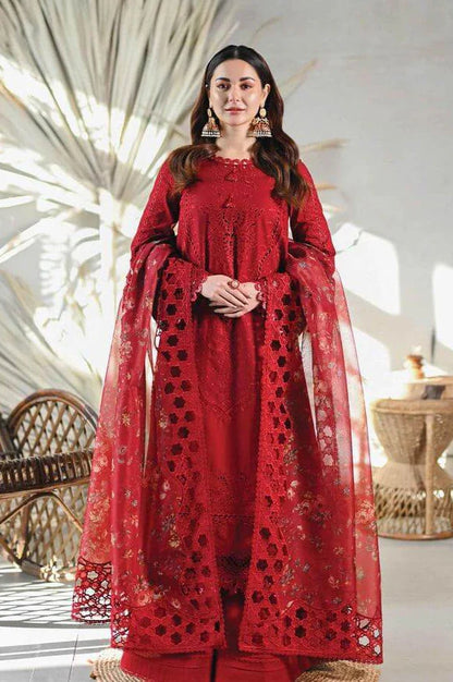 MB 2505-3 Piece Unstitched Heavy Embroidered Chickan Kari Pure Lawn Suit with Four Sided Embroidered Organza Dupatta