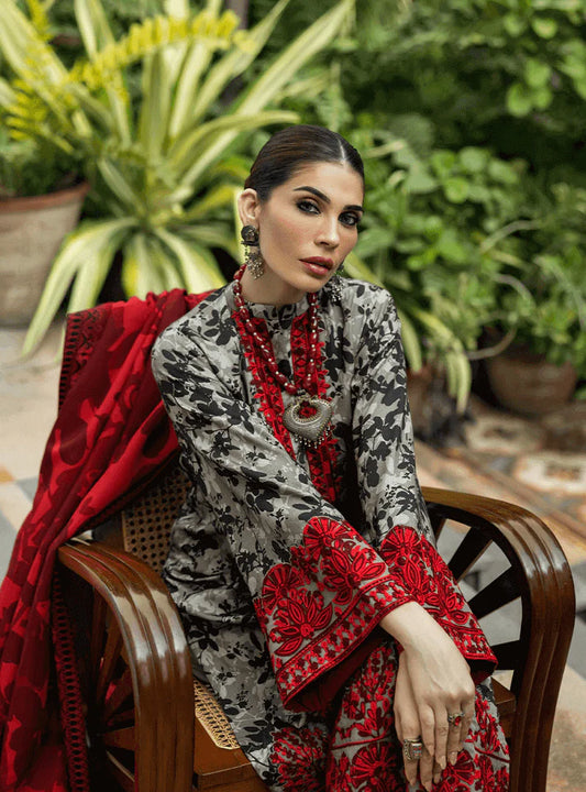 MB 437-3 Piece Unstitched Heavy Embroidered Pure Lawn Suit with Fine Printed Lawn Dupatta
