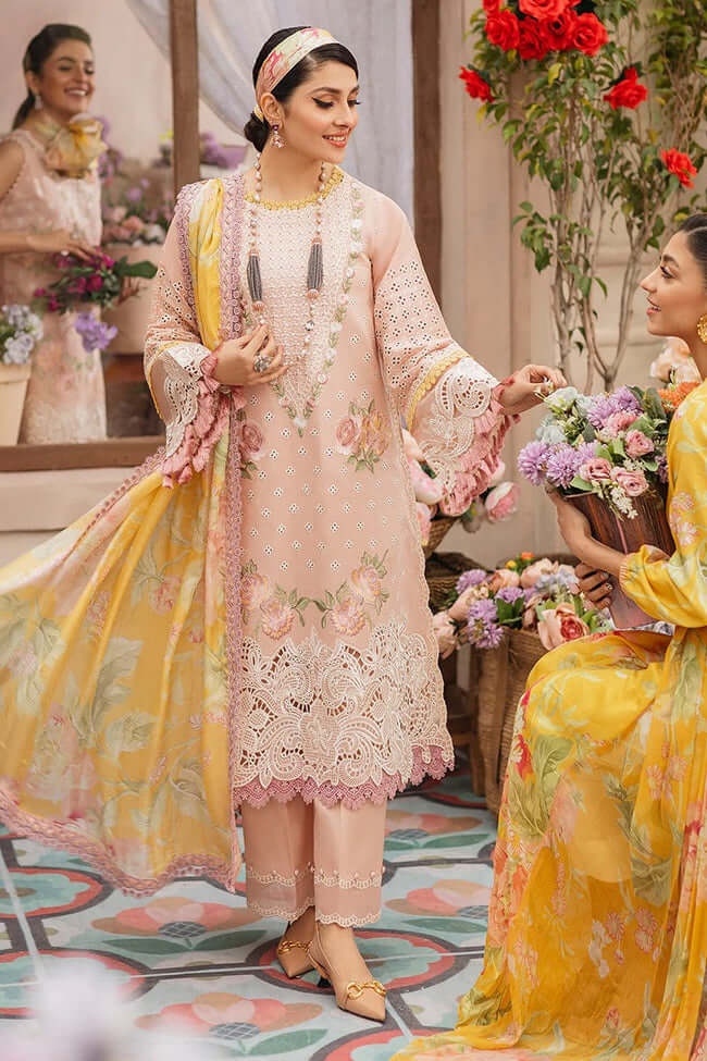 MS 22-3 Piece Unstitched Heavy Embroidered Pure Lawn Suit with Printed Silk Dupatta