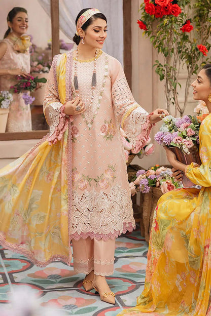 MS 22-3 Piece Unstitched Heavy Embroidered Pure Lawn Suit with Printed Silk Dupatta