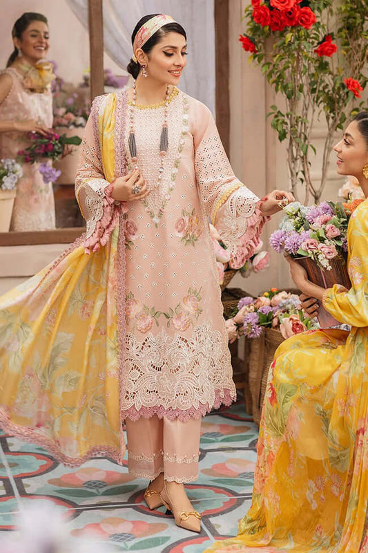 MS 22-3 Piece Unstitched Heavy Embroidered Pure Lawn Suit with Printed Silk Dupatta