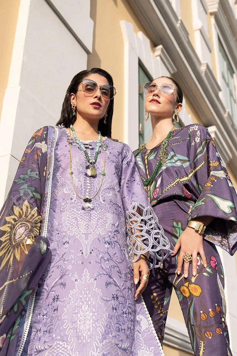 MS 04-3 Piece Unstitched Heavy Embroidered Pure Lawn Suit With Digital Printed Silk Dupatta