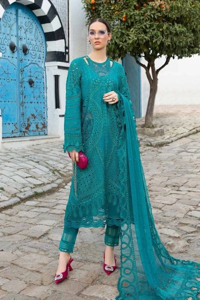 MB 2595-3 Piece Unstitched Heavy Embroidered Chickan Kari Pure Lawn Suit with Heavy Embroidered Chiffon Dupatta