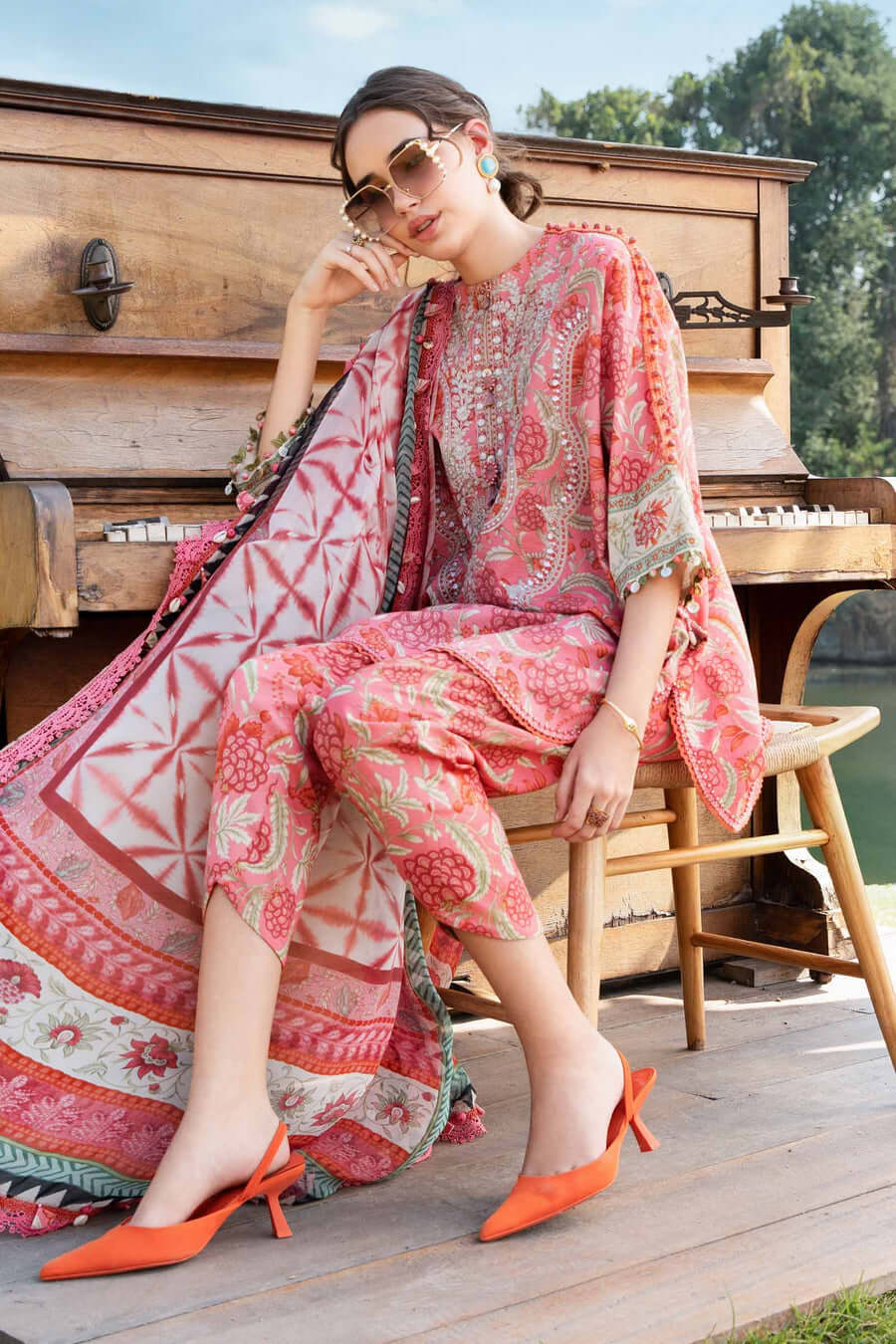 MB 458-3 Piece Unstitched Embroidered Pure Lawn Suit with Printed Lawn Dupatta