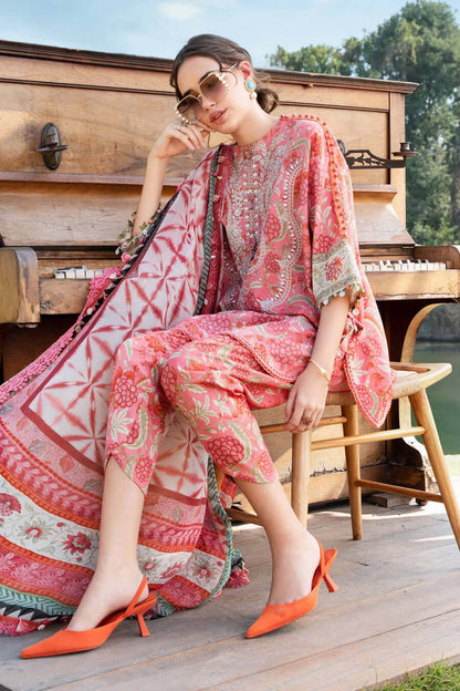 MB 458-3 Piece Unstitched Embroidered Pure Lawn Suit with Printed Lawn Dupatta