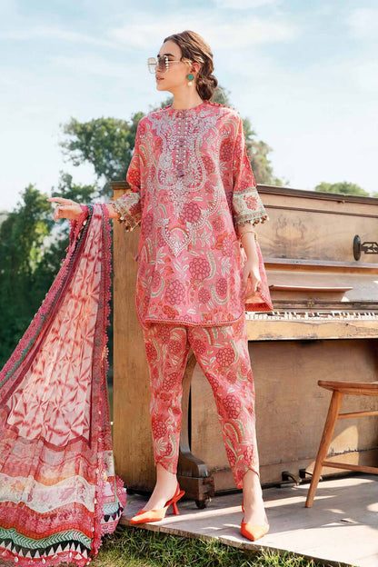 MB 458-3 Piece Unstitched Embroidered Pure Lawn Suit with Printed Lawn Dupatta