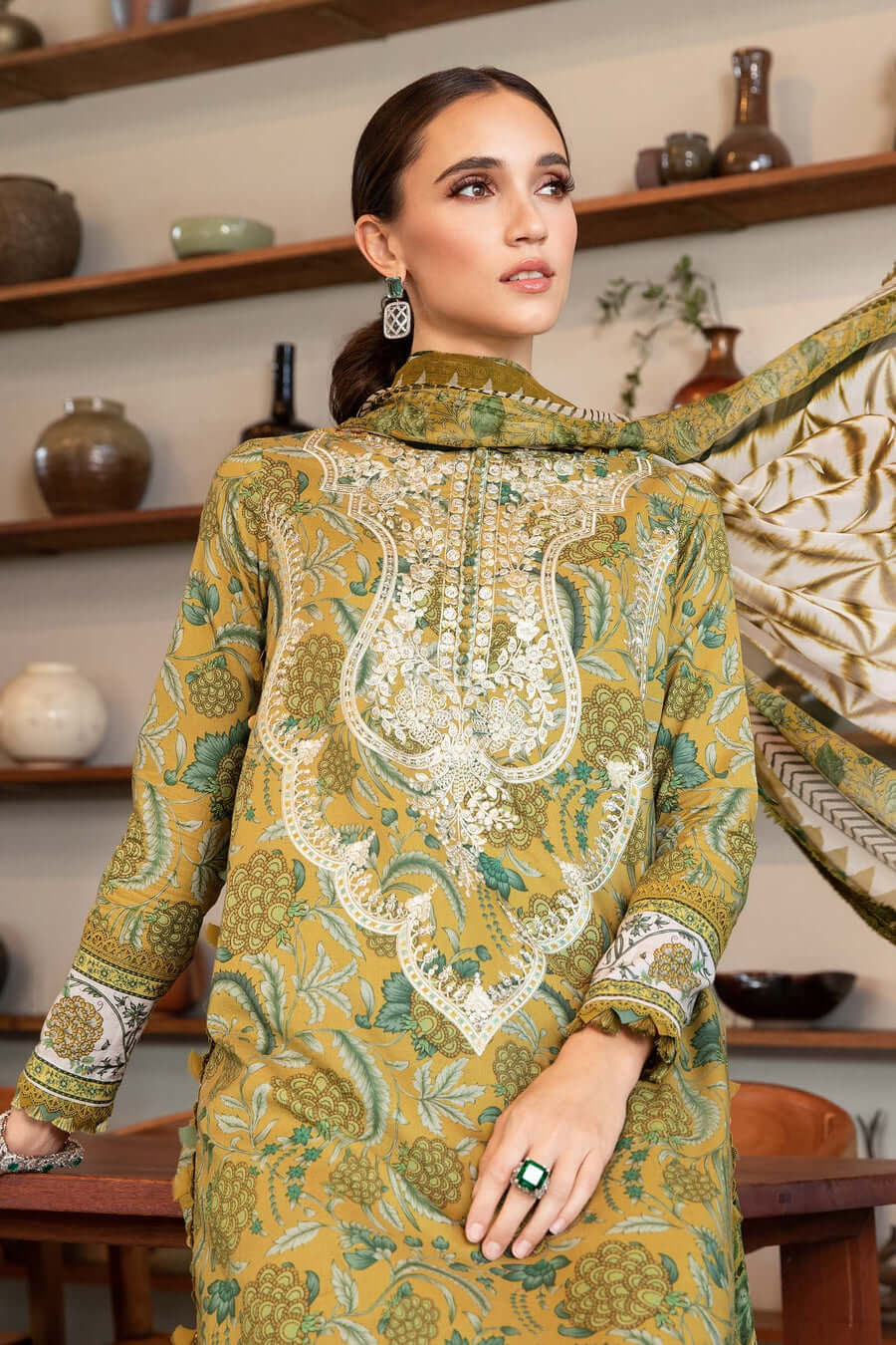 MB 456-3 Piece Unstitched Embroidered Pure Lawn Suit with Printed Lawn Dupatta