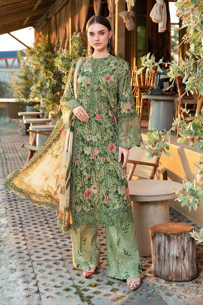 MB 452-3 Piece Unstitched Embroidered Pure Lawn Suit with Printed Lawn Dupatta