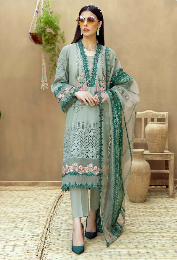 LM 16-3 Piece Unstitched Heavy Embroidered Chickan Kari Pure Lawn Suit with Heavy Embroidered Organza Dupatta