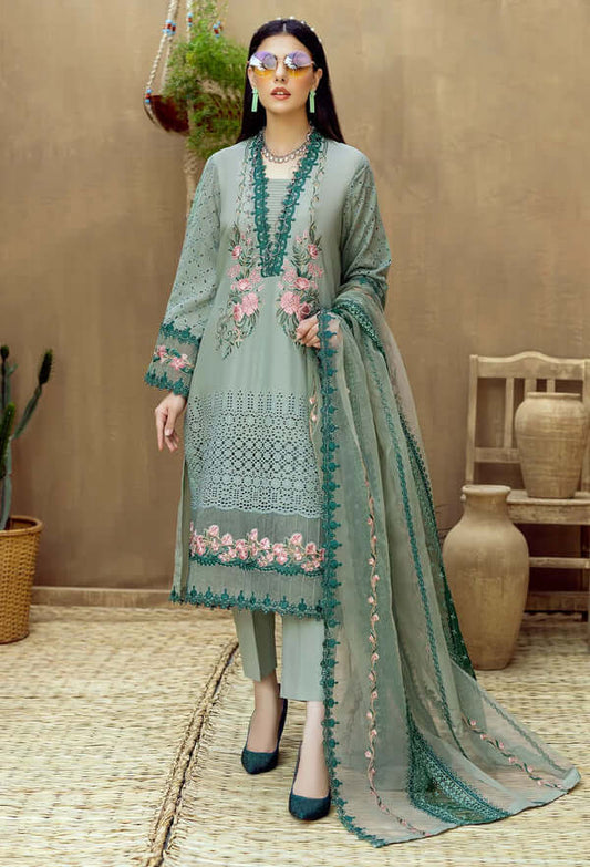 LM 16-3 Piece Unstitched Heavy Embroidered Chickan Kari Pure Lawn Suit with Heavy Embroidered Organza Dupatta