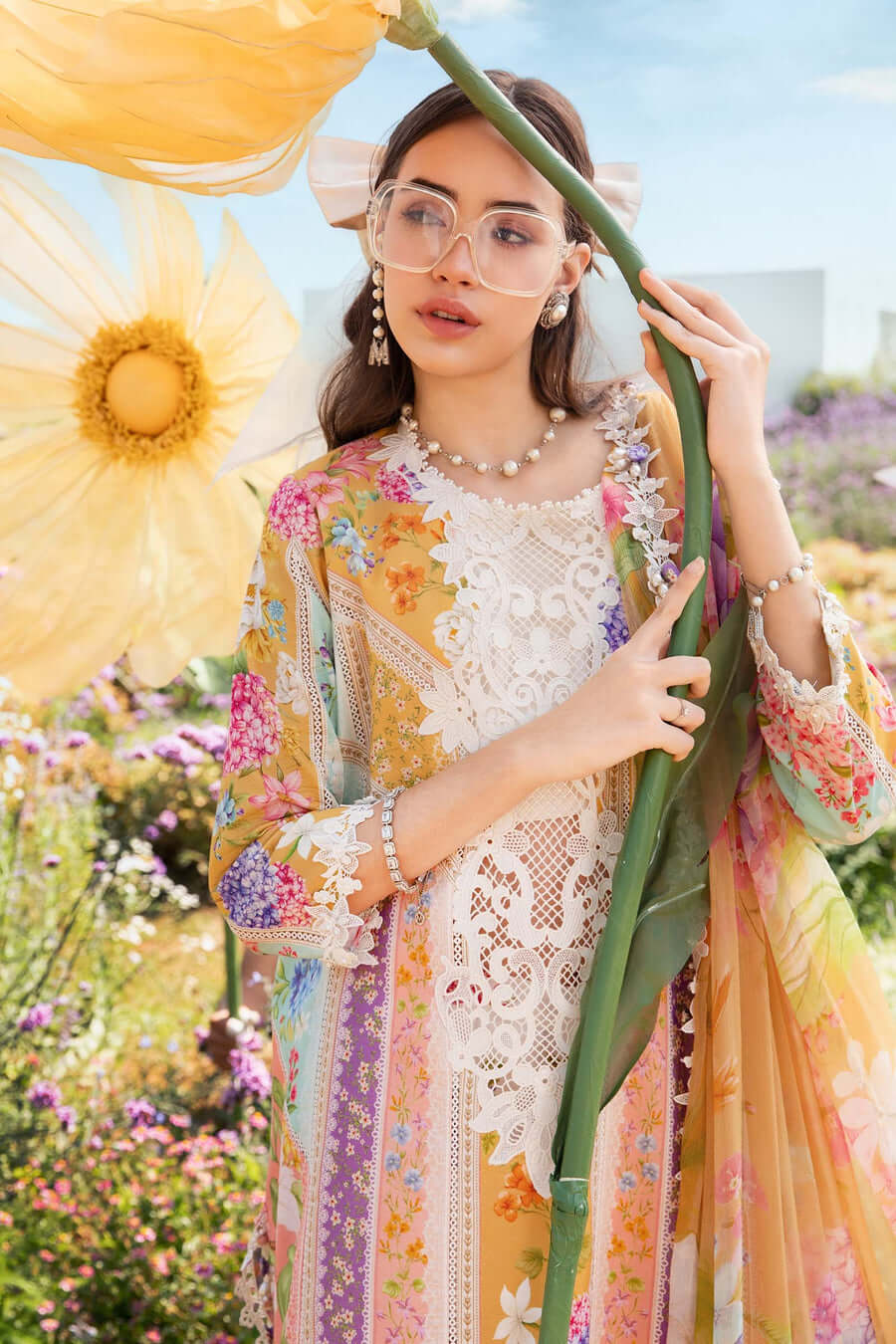 MB 464-3 Piece Unstitched Embroidered Pure Lawn Suit with Printed Lawn Dupatta