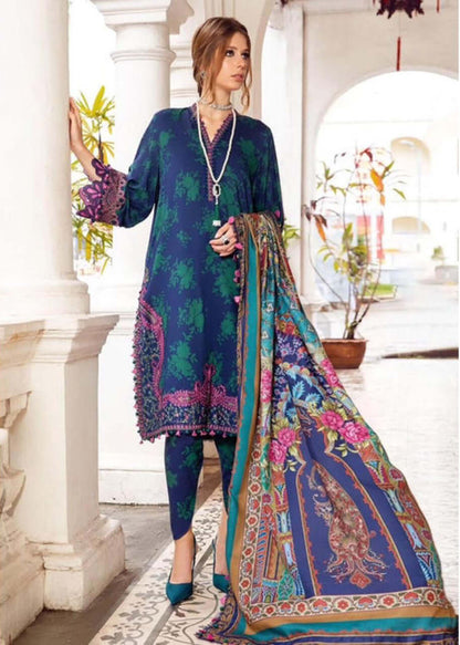 MB 123-3 Piece Unstitched Embroidered Pure Lawn Suit with Fine Printed Silk Dupatta