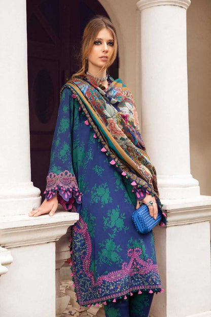 MB 123-3 Piece Unstitched Embroidered Pure Lawn Suit with Fine Printed Silk Dupatta