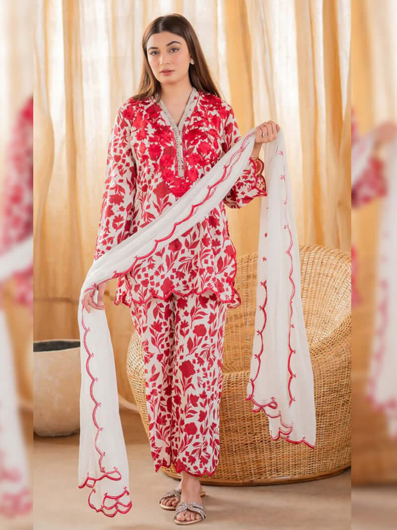 3 Piece Unstitched Embroidered Pure Lawn Suit with Four Sided Embroidered Chiffon Dupatta