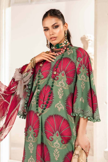 MB 74-3 Piece Unstitched Embroidered Pure Lawn Suit with Fine Printed Chiffon Dupatta