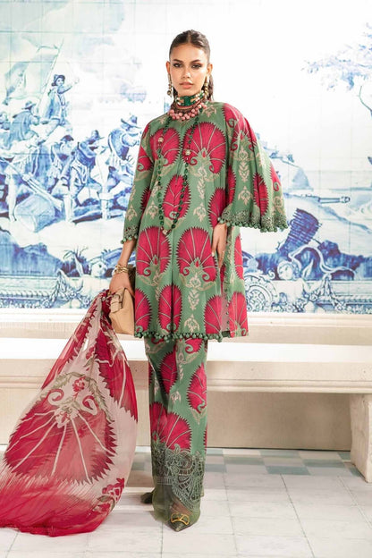 MB 74-3 Piece Unstitched Embroidered Pure Lawn Suit with Fine Printed Chiffon Dupatta