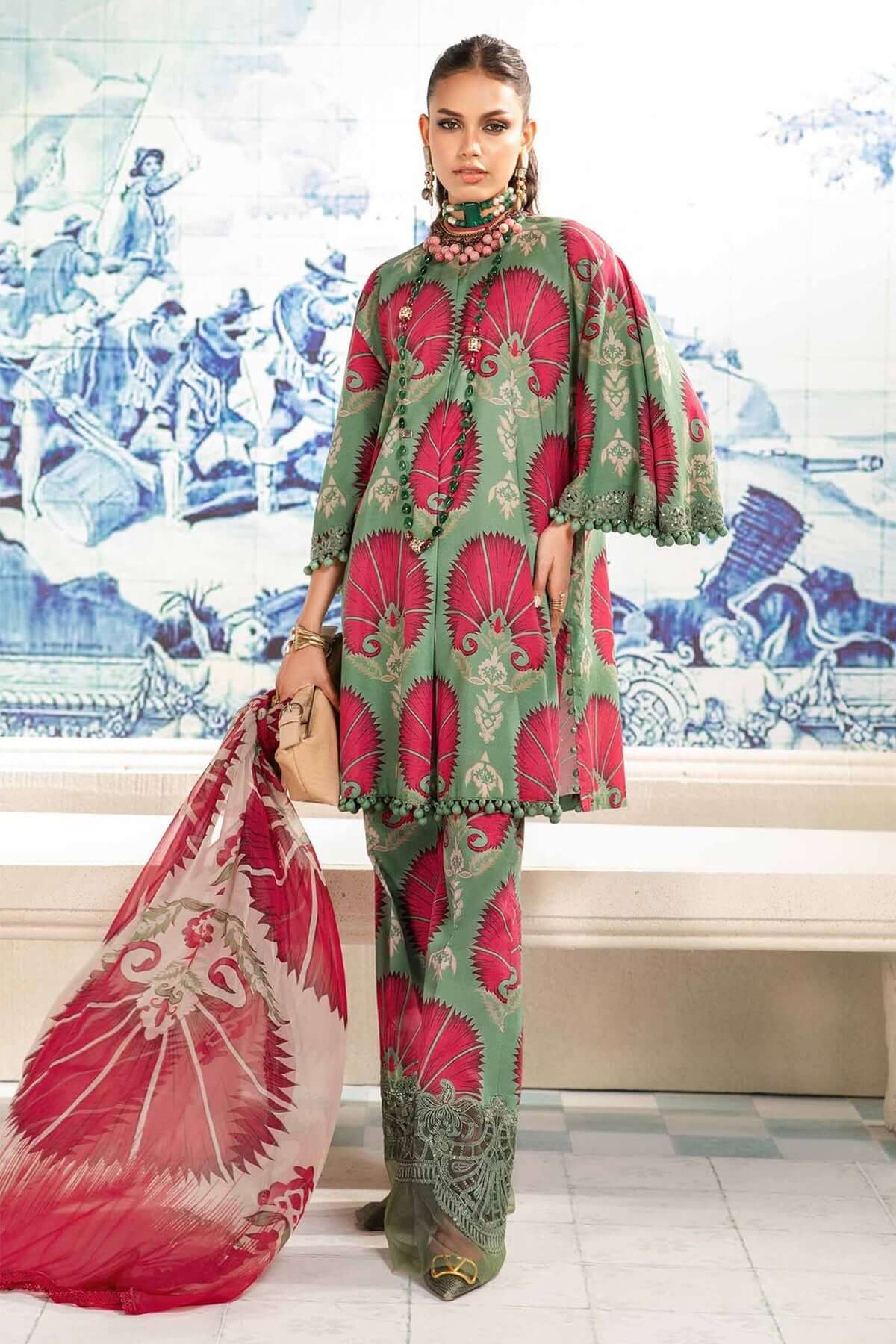 MB 74-3 Piece Unstitched Embroidered Pure Lawn Suit with Fine Printed Chiffon Dupatta