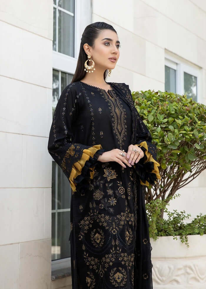 BA 06-3 Piece Unstitched Heavy Embroidered Chickan Kari Lawn Suit with Printed Fine Silk Dupatta