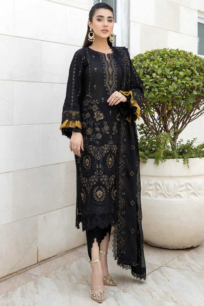 BA 06-3 Piece Unstitched Heavy Embroidered Chickan Kari Lawn Suit with Printed Fine Silk Dupatta