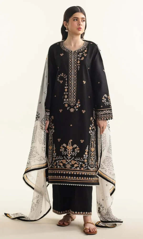 CO 2650-3 Piece Unstitched Heavy Embroidered Pure Lawn Suit with Printed Poly Lawn Dupatta