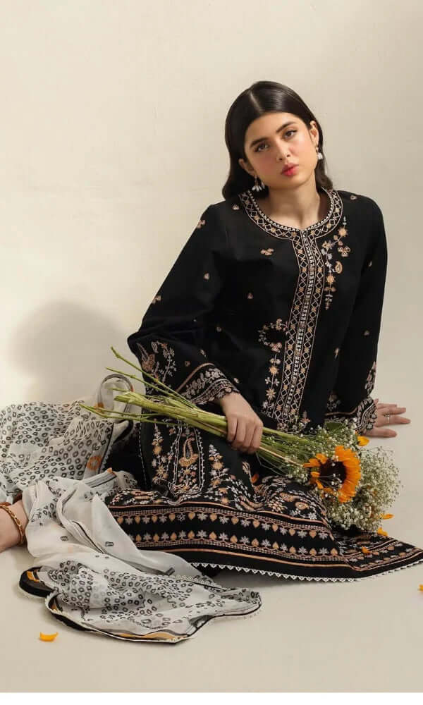 CO 2650-3 Piece Unstitched Heavy Embroidered Pure Lawn Suit with Printed Poly Lawn Dupatta