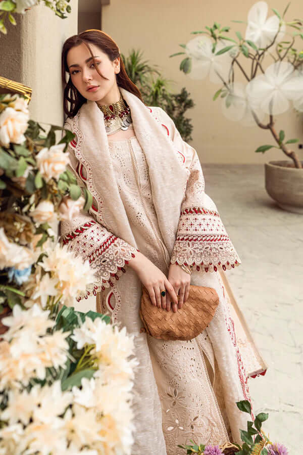 QL 2660-3 Piece Unstitched Heavy Embroidered Pure Lawn Suit with Printed Cotton Net Dupatta