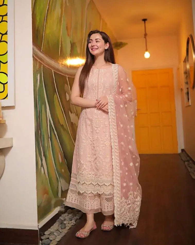 LM 54-3 Piece Unstitched Heavy Embroidered Pure Lawn Suit with Heavy Embroidered Organza Dupatta