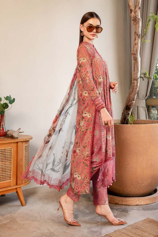 MB 470-3 Piece Unstitched Embroidered Pure Lawn Suit with Fine Printed Lawn Dupatta