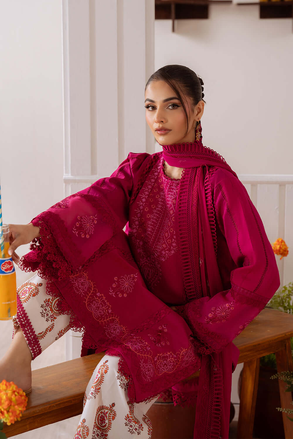 CO 514 B-3 Piece Unstitched Heavy Embroidered Pure Lawn Suit with Embroidered Plain Net Dupatta