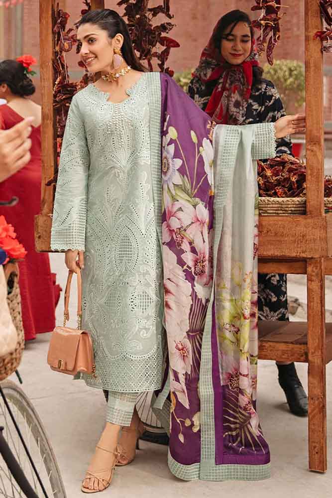 MS 42-3 Piece Unstitched Heavy Embroidered Chickan Kari Pure Lawn Suit with Digital Printed Silk Dupatta