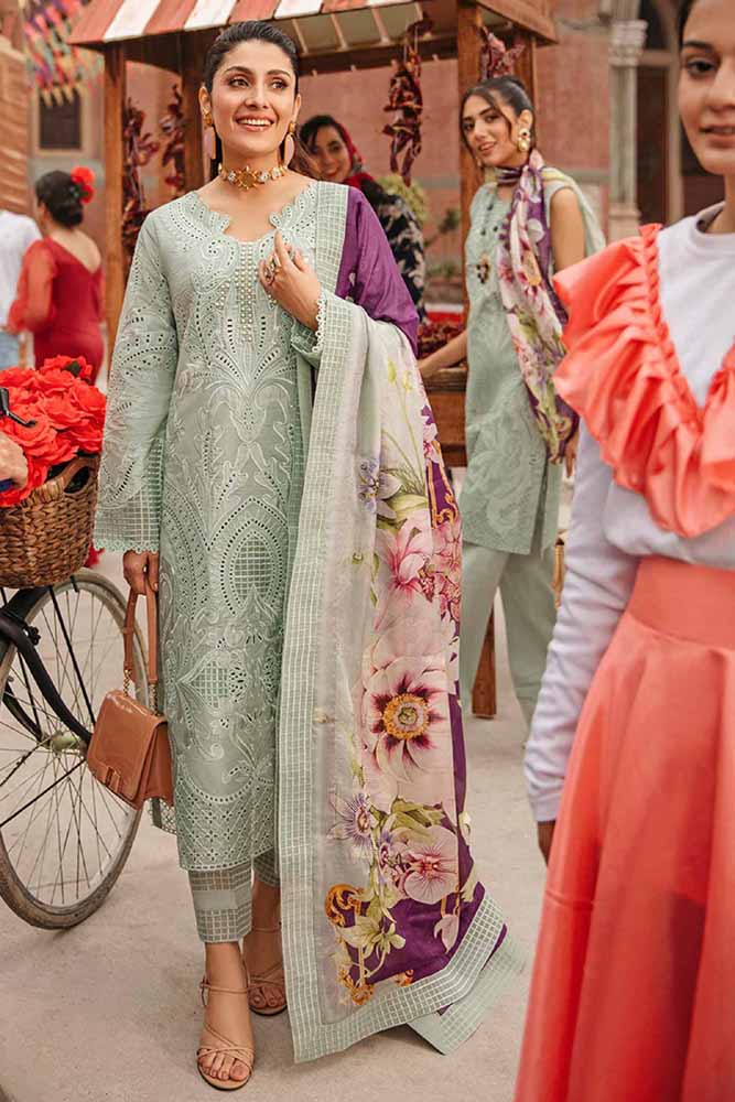 MS 42-3 Piece Unstitched Heavy Embroidered Chickan Kari Pure Lawn Suit with Digital Printed Silk Dupatta