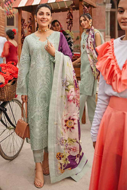 MS 42-3 Piece Unstitched Heavy Embroidered Chickan Kari Pure Lawn Suit with Digital Printed Silk Dupatta