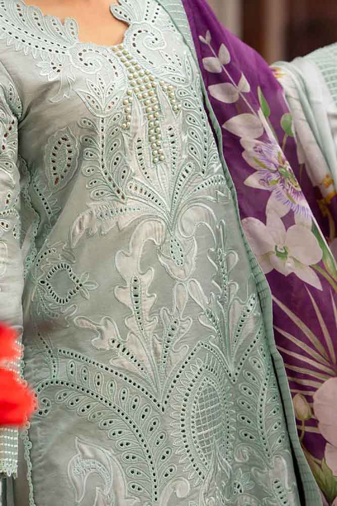 MS 42-3 Piece Unstitched Heavy Embroidered Chickan Kari Pure Lawn Suit with Digital Printed Silk Dupatta