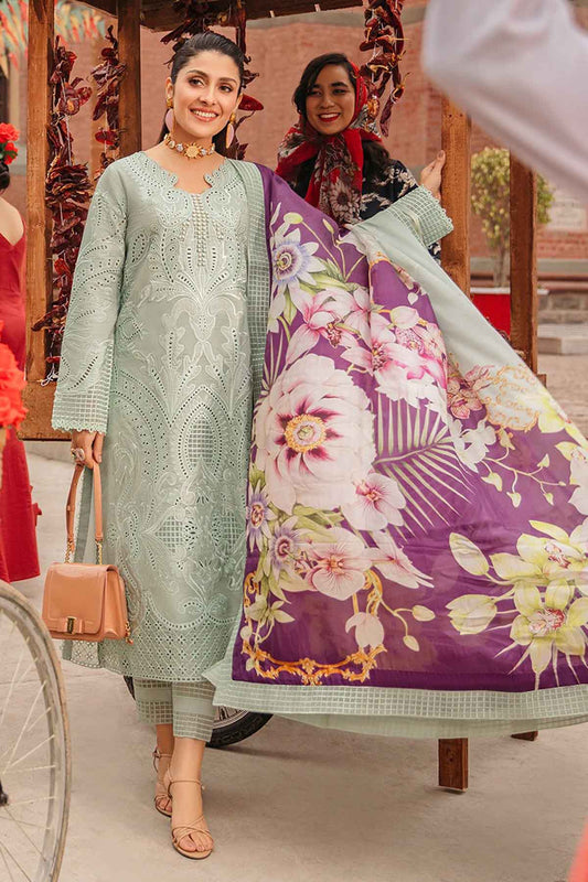 MS 42-3 Piece Unstitched Heavy Embroidered Chickan Kari Pure Lawn Suit with Digital Printed Silk Dupatta