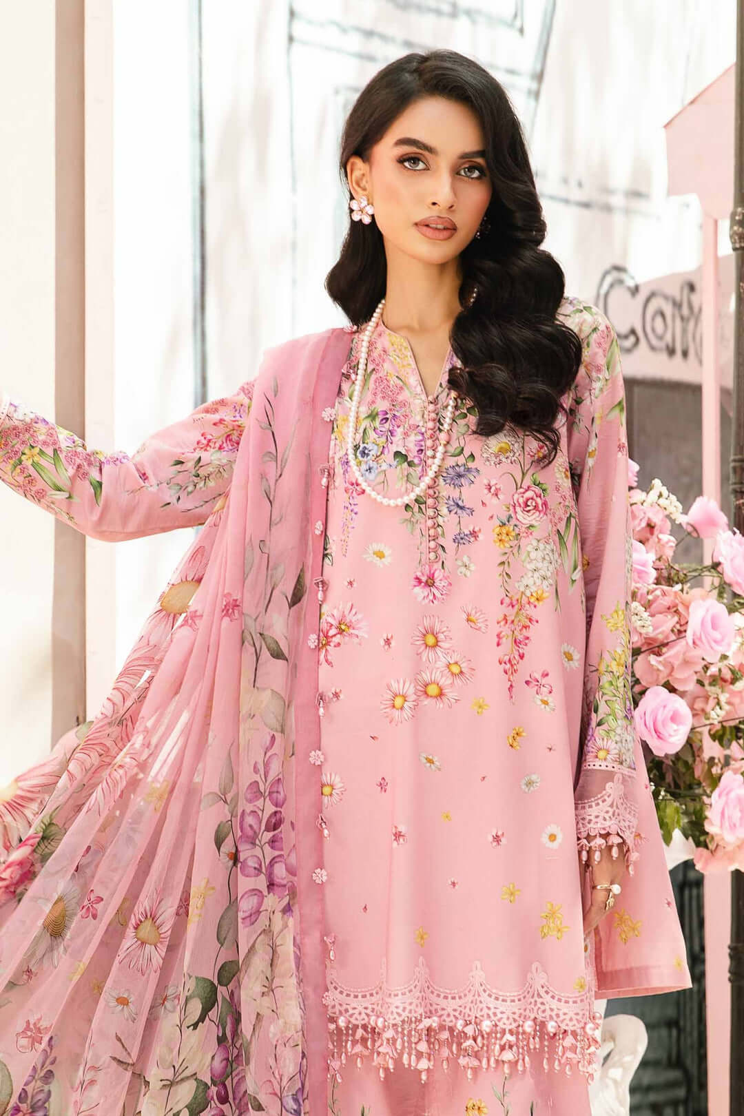 3 Piece Unstitched Heavy Embroidered Pure Lawn Suit with Printed Silk Dupatta