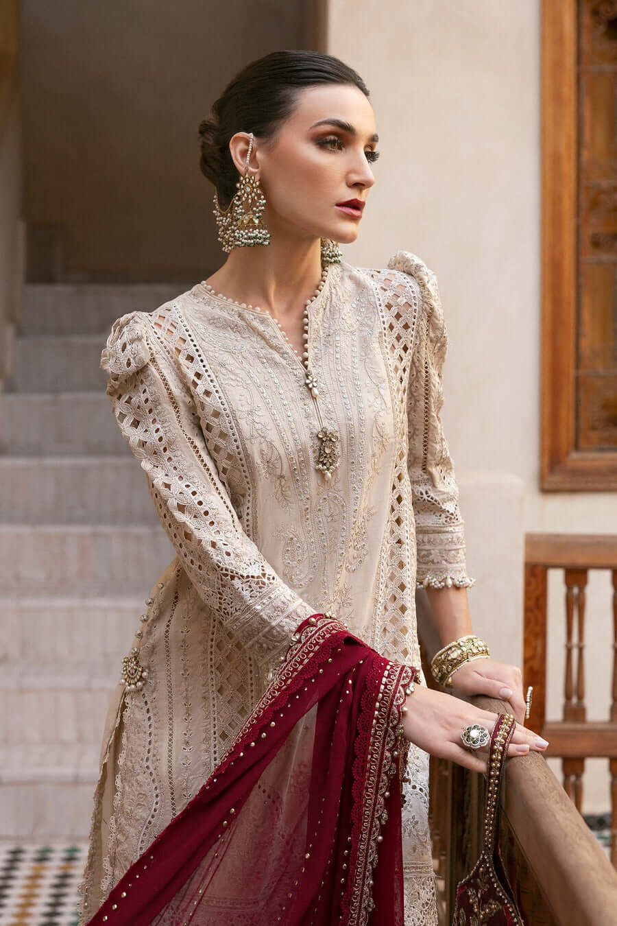 3 Piece Unstitched Fully Embroidered Chicken Kari Pure Lawn Dress with Fully Embroidered Pure Chiffon Dupatta