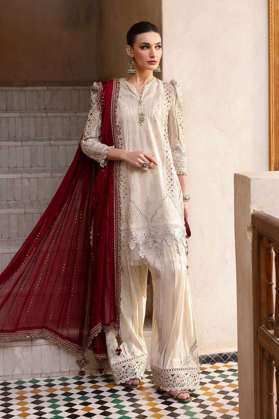 3 Piece Unstitched Fully Embroidered Chicken Kari Pure Lawn Dress with Fully Embroidered Pure Chiffon Dupatta