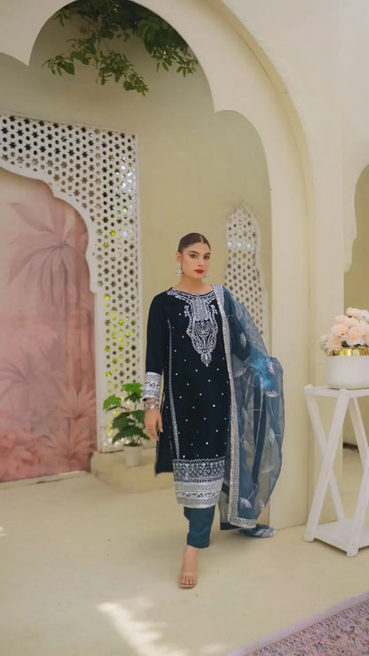 3 Piece Unstitched Embroidered Velvet Suit | Velvet Luxe