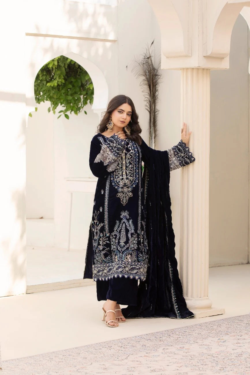 3 Piece Unstitched Embroidered Velvet Suit | Velvet Luxe
