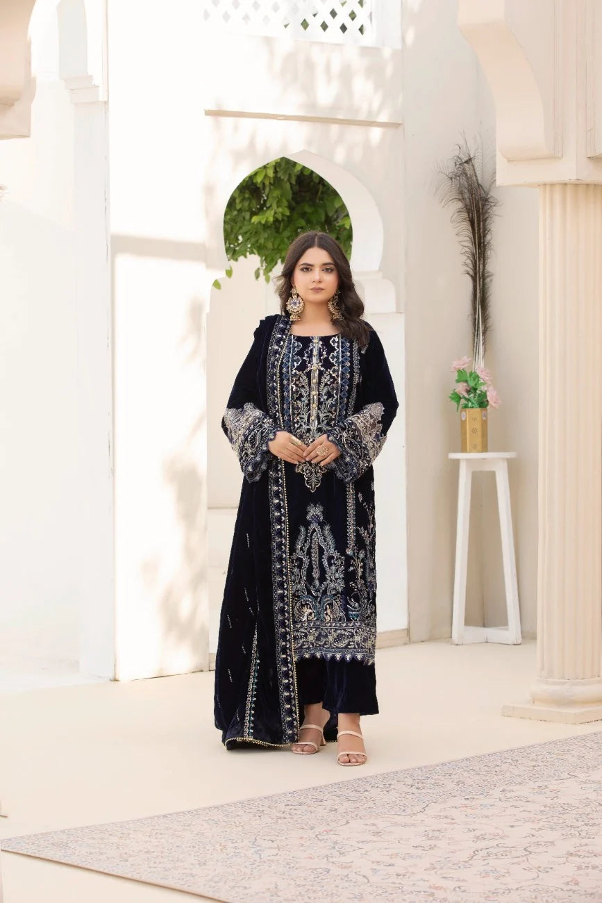 3 Piece Unstitched Embroidered Velvet Suit | Velvet Luxe